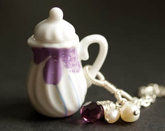 Purple Teapot Necklace. Porcelain Tea Pot Necklace with Purple Crystal and Fresh Water Pearl Charms. Purple Necklace. Handmade Jewelry.