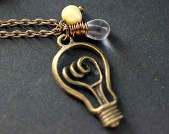 Light Bulb Charm Necklace. Bright Idea Necklace with Glass Teardrop and Yellow Pearl. LightBulb Necklace. Genius Necklace. Handmade Jewelry