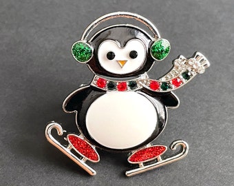 Ice Skating Penguin Ring. Christmas Ring. Enameled Ring. Holiday Ring. Rhinestone Ring. Silver Plated Adjustable Ring. Fun Holiday Jewelry.