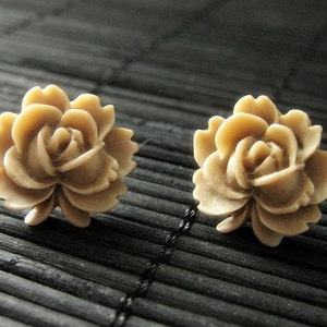 Taupe Lotus Rose Earrings with Silver Stud Earrings. Flower Jewelry by StumblingOnSainthood. Handmade Jewelry. image 1
