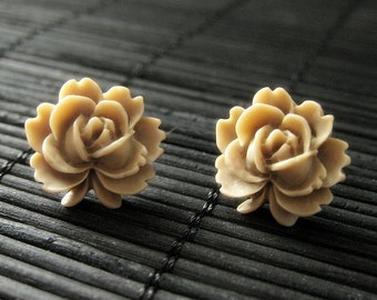 Taupe Lotus Rose Earrings with Silver Stud Earrings. Flower Jewelry by StumblingOnSainthood. Handmade Jewelry.