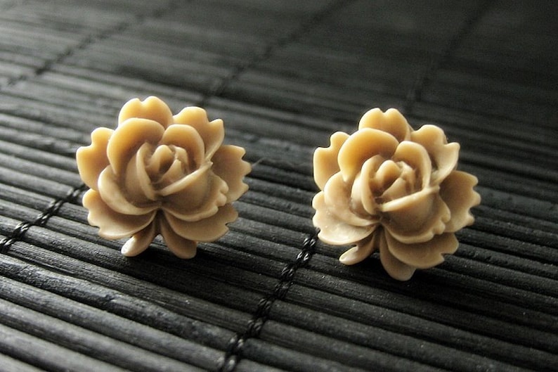 Taupe Lotus Rose Earrings with Silver Stud Earrings. Flower Jewelry by StumblingOnSainthood. Handmade Jewelry. image 1