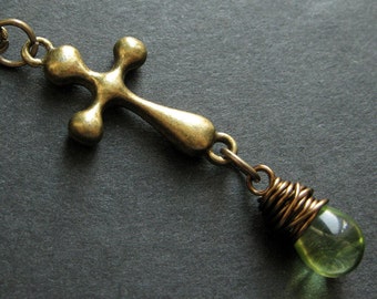 Bronze Cross Necklace. Christian Necklace. Christian Cross Teardrop Necklace. (CHOOSE YOUR COLOR) Handmade Jewelry.
