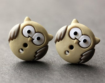 Owl Earrings. Olive and Gray Owl Button Earrings. Owl Jewelry. Owl Stud Earrings. Bird Earrings. Owl Post Earrings. Handmade Jewelry.