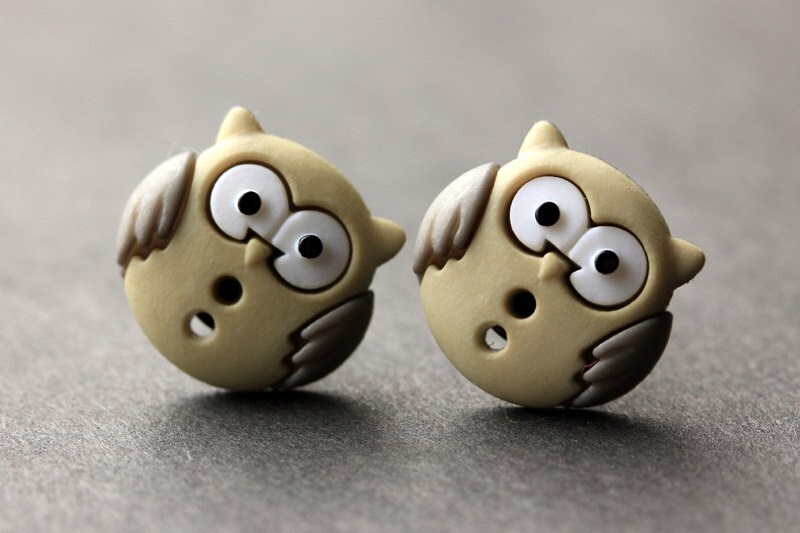 Owl Earrings. Olive and Gray Owl Button Earrings. Owl Jewelry. Owl Stud Earrings. Bird Earrings. Owl