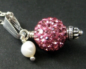 Pink Rhinestone Necklace. Pink Necklace. Kissing Ball Necklace with Fresh Water Pearl. Handmade Jewelry.