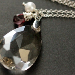 Clear Crystal Necklace. Crystal Teardrop Necklace with Glass Teardrop and Fresh Water Pearl. Handmade Jewelry.