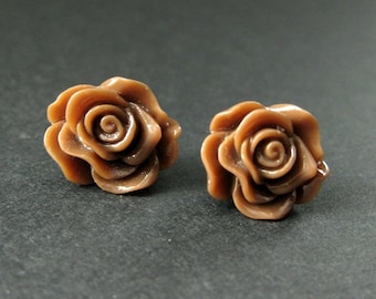 Chocolate Brown Rose Earrings. Silver Post Earring. Flower Earrings. Stud Earrings. Flower Jewelry. Handmade Earrings.