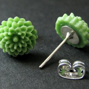 Pistachio Green Mini Mum Earrings. Green Earrings. Silver Post Earrings. Green Flower Earrings. Stud Earrings. Handmade Jewelry. image 4