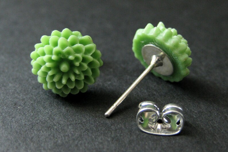 Pistachio Green Mini Mum Earrings. Green Earrings. Silver Post Earrings. Green Flower Earrings. Stud Earrings. Handmade Jewelry. image 4