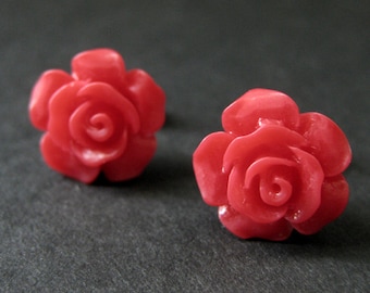 Cherry Red Flower Earrings. Bright Red Earrings. Gardenia Flower Earrings. Silver Stud Earrings. Rose Earrings. Handmade Earrings.