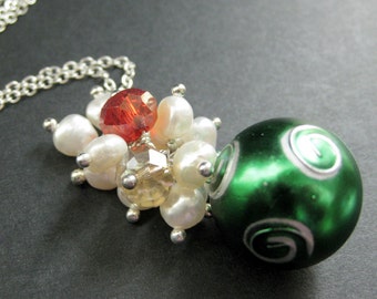 Green Christmas Necklace. Christmas Ornament Necklace with Crystal and Pearl Cluster. Handmade Christmas Jewelry.