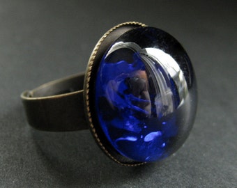 Cobalt Blue Glass Ring in Bronze. Blue Ring. Bronze Adjustable Ring. Handmade Jewelry.