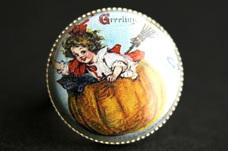 Halloween Ring. Pumpkin Ring. Novelty Ring. Vintage Print Button Ring. Autumn Ring. Silver Adjustable Ring. Fall Ring. Handmade Jewelry. image 1