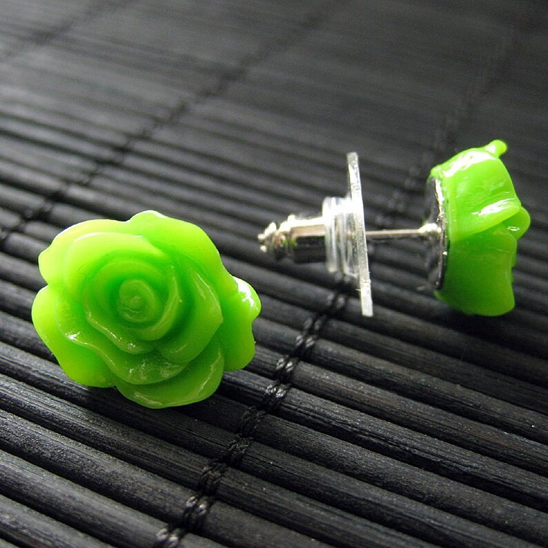 Flower Earrings: Lime Green Post Earrings with Resin Roses. Flower Jewelry. Handmade Jewelry. image 4