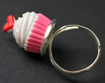 Cupcake Ring. Pink Ring. Food Ring. Pink and White Ring. Heart Ring. Silver Ring. Adjustable Ring. Food Jewelry. Handmade Jewelry.