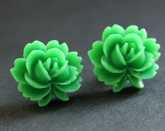 Green Lotus Flower Earrings. Green Lotus Earrings. Bronze Post Earrings. Green Earrings. Stud Earrings. Handmade Jewelry.