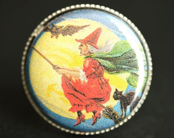 Broomstick Flight Halloween Ring. Flying Witch Vintage Print Button Ring. Adjustable Ring. Silver Ring. Halloween Jewelry. Handmade Ring.