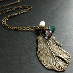 Feather Necklace. Bronze Charm Necklace in Teal, Purple and Fresh Water Pearl. Handmade Jewellery. image 2
