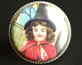 Witch Girl Ring. Halloween Ring. Witch Ring. Vintage Picture Ring. Adjustable Ring. Silver Ring. Halloween Jewelry. Handmade Ring.