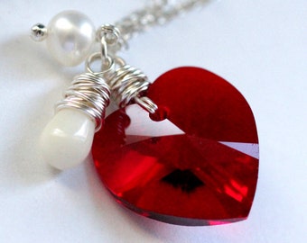 Heart Necklace. Red Crystal Necklace. Swarovski Elements Necklace with Coral Teardrop and Pearls. Handmade Jewellery.