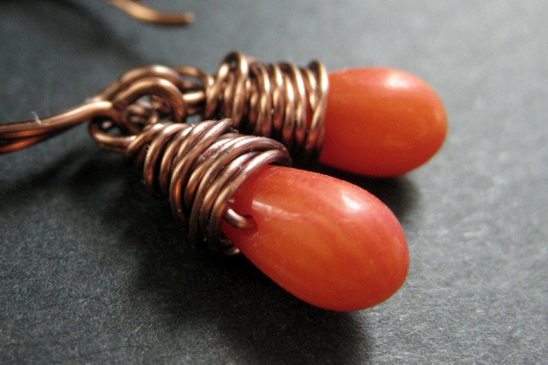 Coral Earrings. Coral Teardrop Earrings. Coral Dangle Earrings. Wire Wrapped Earrings. Drop Earrings. Elixir Earrings. Handmade Jewelry. image 4