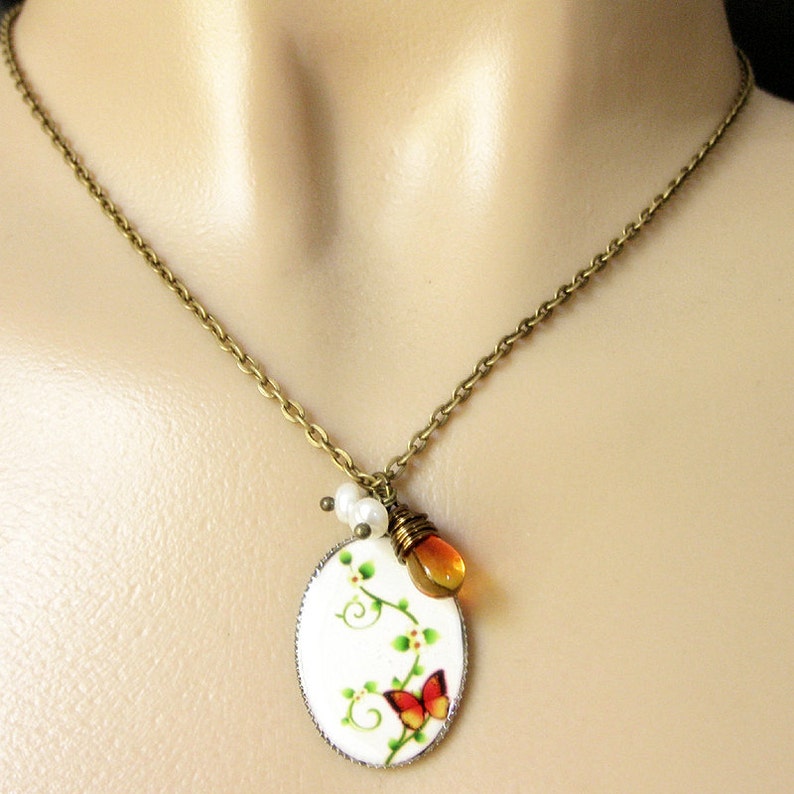Fire Butterfly Necklace. Butterfly Pendant with Fiery Teardrop and Fresh Water Pearl. Handmade Jewellery. image 4
