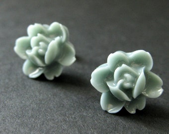 Soft Blue Gray Flower Earrings. Blue Grey Lotus Rose Earrings. Post Earrings. Grey Earrings. Silver Stud Earrings. Handmade Jewelry