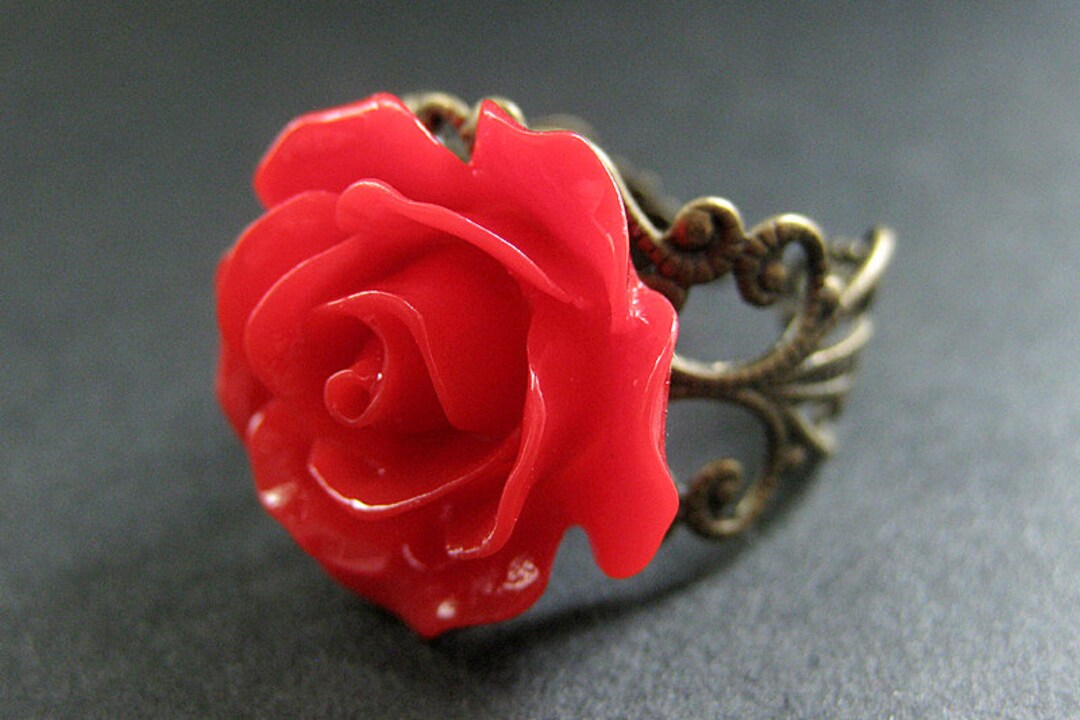 Red Rose Ring. Red Flower Ring. Filigree Adjustable Ring. Flower