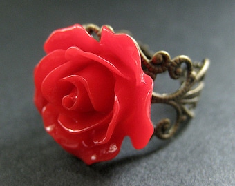 Red Rose Ring. Red Flower Ring. Filigree Adjustable Ring. Flower Jewelry. Handmade Jewelry.