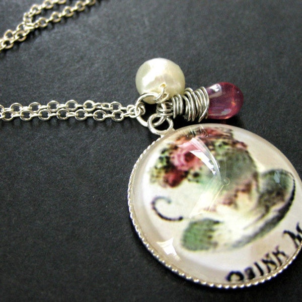 Drink Me Necklace. Tea Necklace. Charm Necklace with Dark Pink Teardrop Charm. Handmade Jewelry.