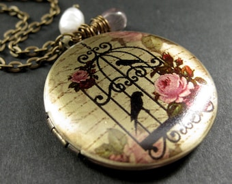 Locket Necklace. Birdcage Charm Necklace with Pink Teardrop and Fresh Water Pearl. Handmade Jewelry.