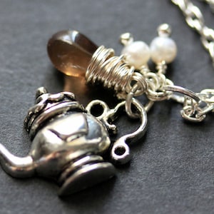 Teapot Charm Necklace. Silver Tea Pot Necklace with Glass Teardrop and Fresh Water Pearls. Teapot Necklace. Handmade Jewelry. image 1