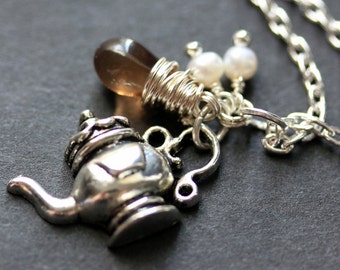 Teapot Charm Necklace. Silver Tea Pot Necklace with Glass Teardrop and Fresh Water Pearls. Teapot Necklace. Handmade Jewelry.
