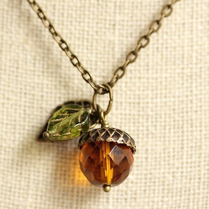 Autumn Orange Acorn Necklace. Acorn Pendant in Bronze. Crystal Acorn Necklace. Glass Acorn Charm Necklace. image 2