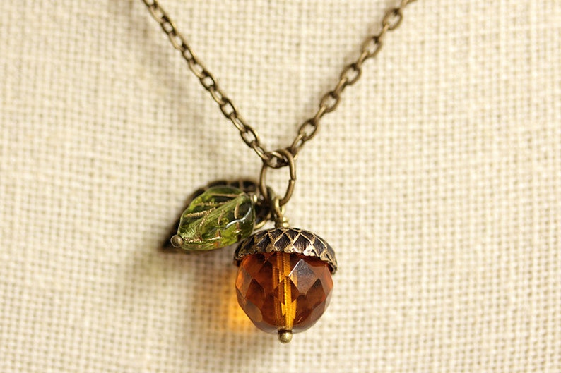 Autumn Orange Acorn Necklace. Acorn Pendant in Bronze. Crystal Acorn Necklace. Glass Acorn Charm Necklace. image 2