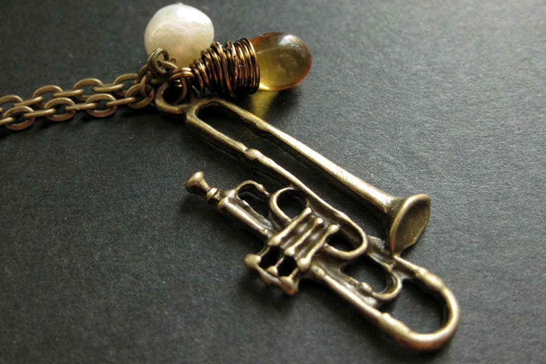 Music Necklace. Band Necklace. Trombone Necklace With Glass Teardrop