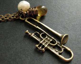 Music Necklace. Band Necklace. Trombone Necklace with Glass Teardrop and Pearl. Handmade Jewellery.