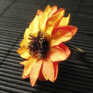 Orange Flower Ring with Orange Paper Daisy Flower and Adjustable Ring Base in Bronze. Handmade Jewelry. image 1