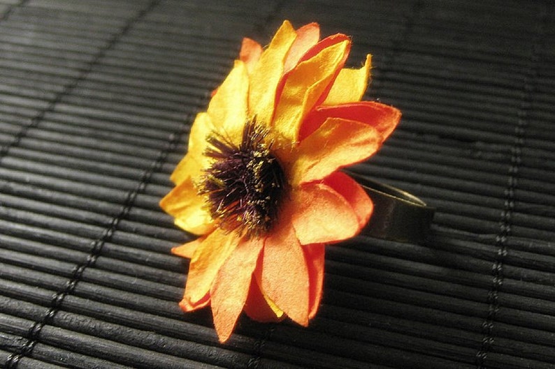 Orange Flower Ring with Orange Paper Daisy Flower and Adjustable Ring Base in Bronze. Handmade Jewelry. image 1