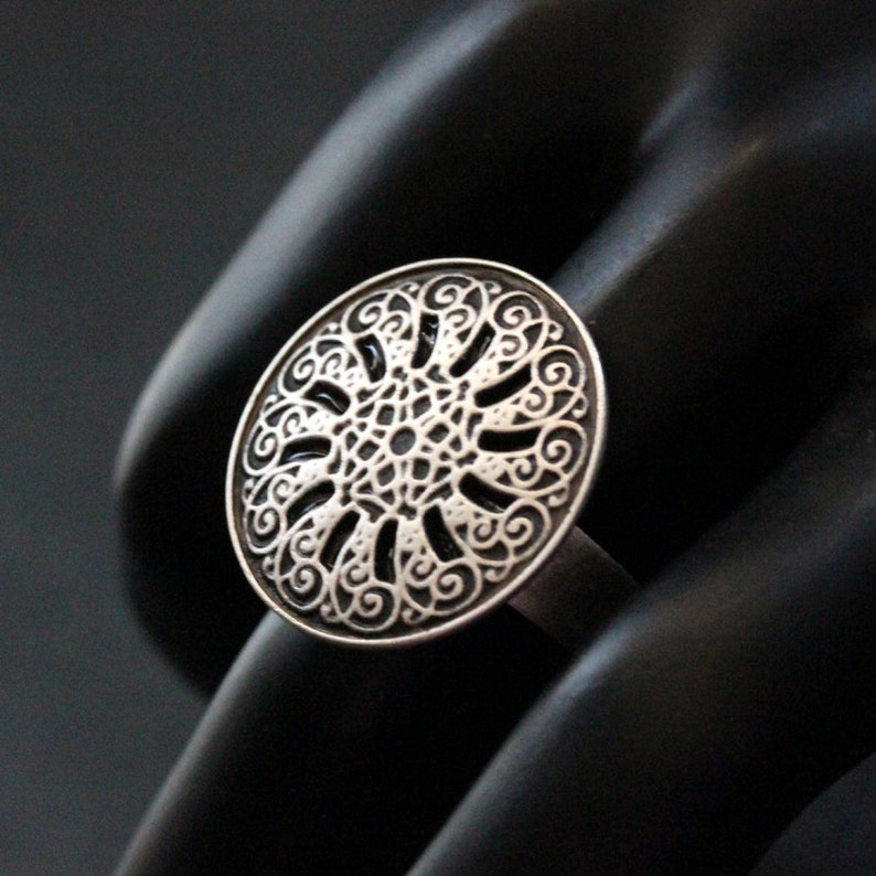 Universe Mandala Button Ring. Silver Button Ring. Silver Ring. Aged Silver Adjustable Ring. Handmade Jewelry. image 2
