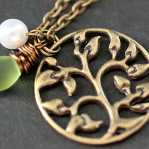 Tree Necklace. Tree of Life Necklace. Leafy Brocade Necklace with Glass Teardrop and Fresh Water Pearl. Bronze Necklace. Handmade Jewelry.