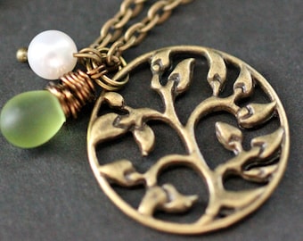 Tree Necklace. Tree of Life Necklace. Leafy Brocade Necklace with Glass Teardrop and Fresh Water Pearl. Bronze Necklace. Handmade Jewelry.