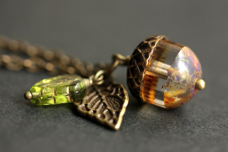 Acorn Necklace. Frost & Fawn Acorn Pendant. Glass Acorn Necklace. Bronze Acorn Charm Necklace. Acorn Jewelry. image 1