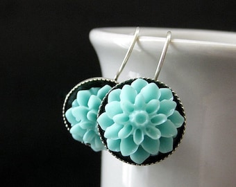 Aqua Dahlia Flower Earrings. French Hook Earrings. Aqua Flower Earrings. Lever Back Earrings. Handmade Jewelry.