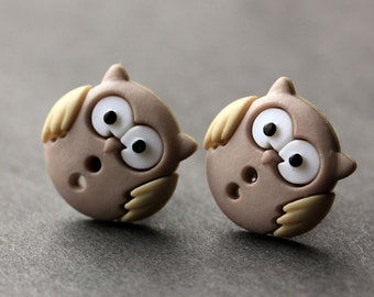 Owl Earrings. Pinkish Brown and Olive Owl Button Earrings. Owl Jewelry. Stud Earrings. Bird Earrings. Owl Post Earrings. Handmade Jewelry.