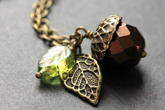 Dark Brown Acorn Necklace. Crystal Acorn Necklace. Acorn Charm Necklace in Bronze. Handmade Jewelry.