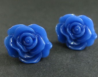 Royal Blue Rose Earrings in Silver Stud Earrings. Blue Flower Earrings. Cobalt Blue Rose Earrings. Flower Jewelry. Handmade Jewelry.