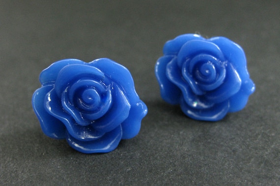Royal Blue Rose Earrings in Silver Stud Earrings. Blue Flower