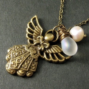 Bronze Angel Necklace with Wire Wrapped Teardrop and Fresh Water Pearl. Handmade Jewelry.